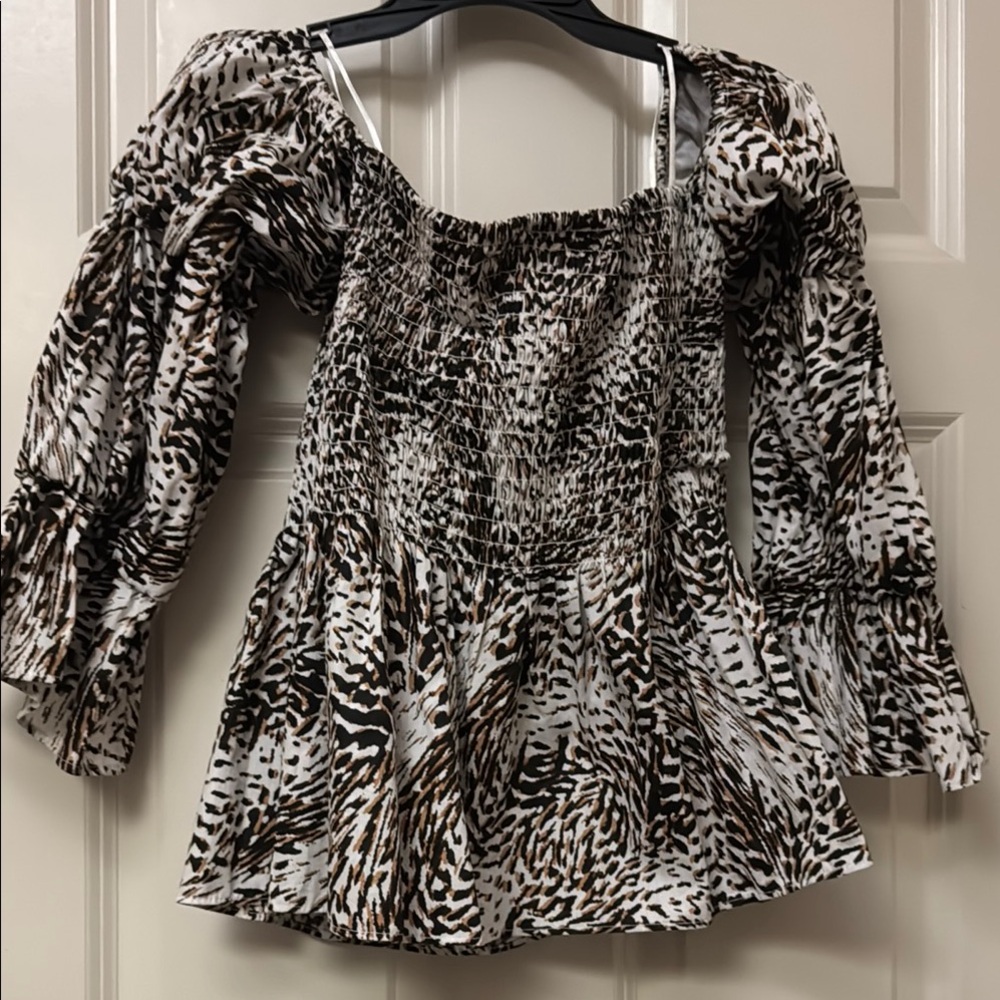 Express Black and White Smocked Ruffled Blouse